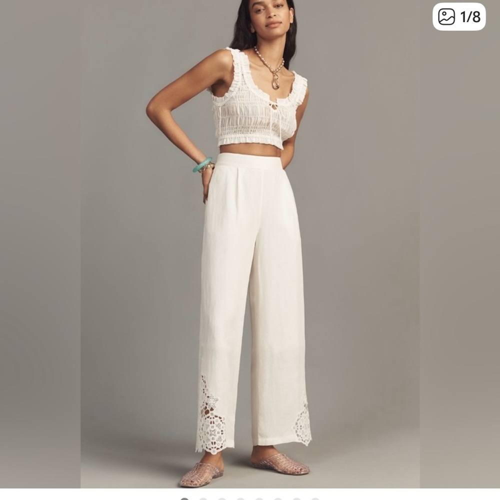 Anthropologie Linen Wide-Leg Pants with Lace Trim - Ivory